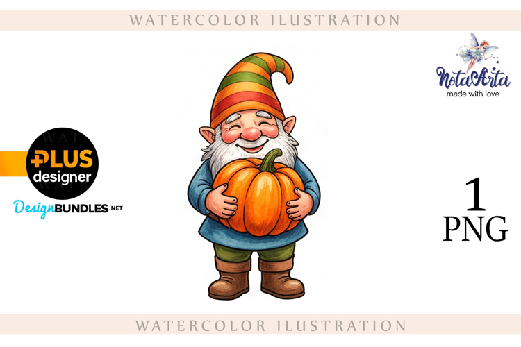 Gnomes with Pumpkin Harvest in Watercolor Style