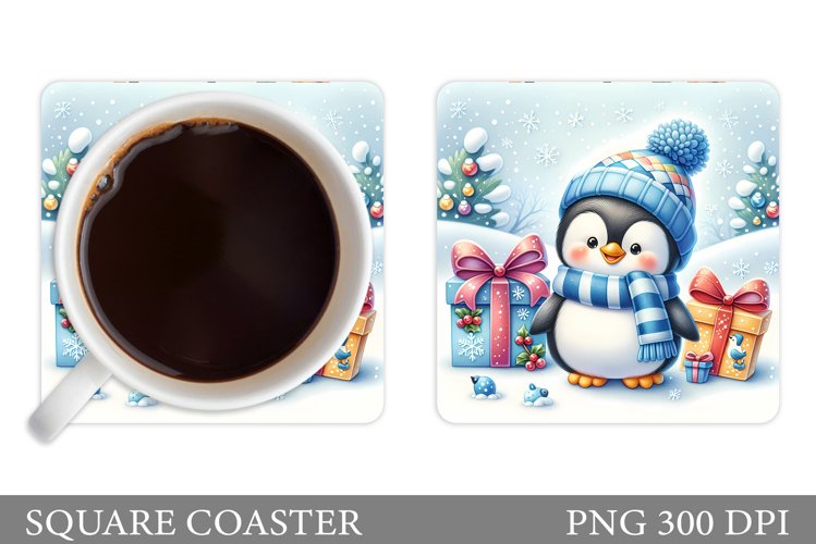 Cute Penguin Coaster Sublimation. Christmas Coaster Design