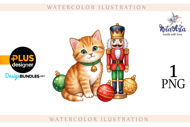 Christmas Kitten in Watercolor Style