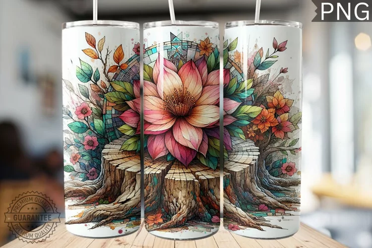 Watercolor Flower Wooden Stump Tumbler - High Quality 3Dpi