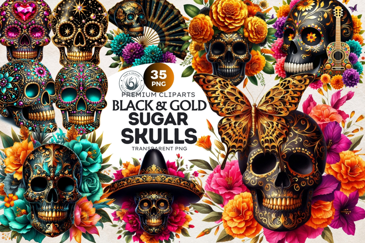 Floral Black Gold Sugar Skull Day of the Dead Cliparts