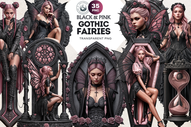 Pastel Goth Fairy Clipart, Black Pink PNG fantasy clipart V2