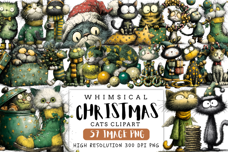 Whimsical Christmas Cats Clipart Bundle