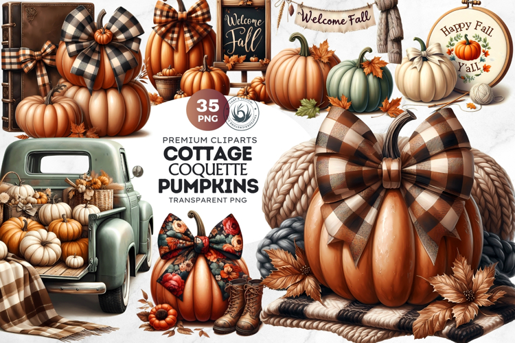 Cozy Cottage Coquette Pumpkins with bow PNG Set, Boho autumn