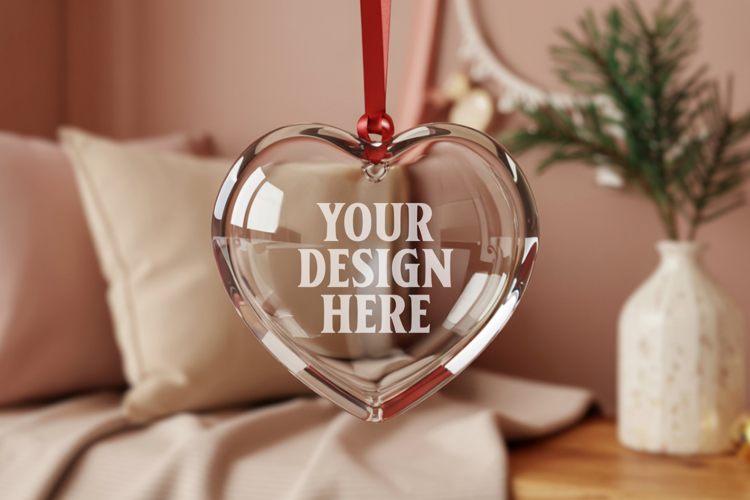 Christmas Heart Crystal Glass Ornament Mockup | Clear Heart