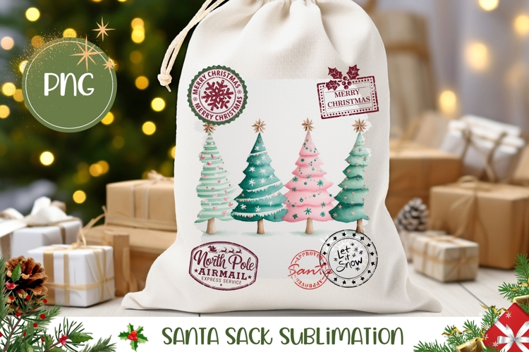 Cute Christmas Trees Santa Sack PNG, Merry Christmas Bag
