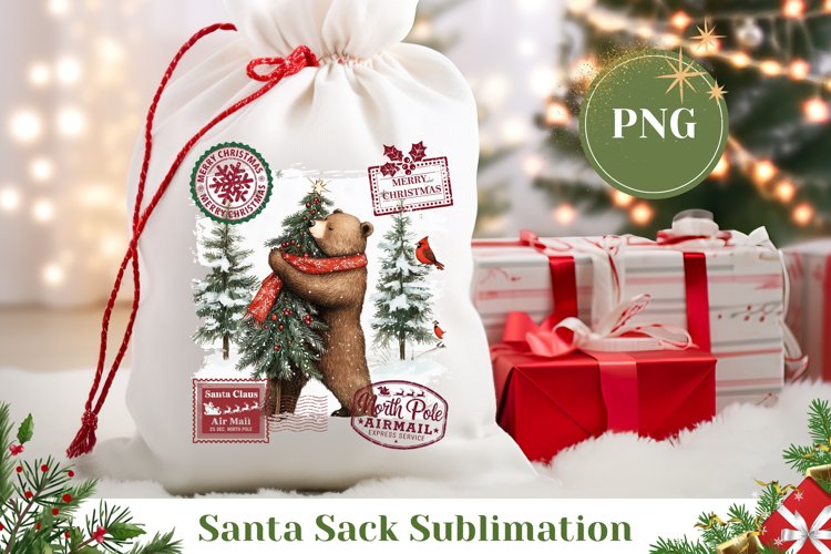 Watercolor Christmas Bear Santa Sack, Cozy Winter Gift Bag