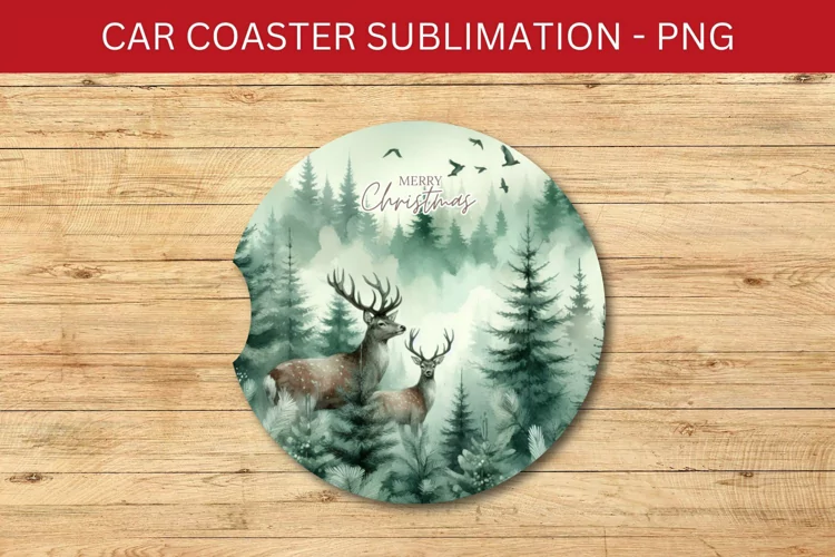 rounded car coaster - deer in the forest