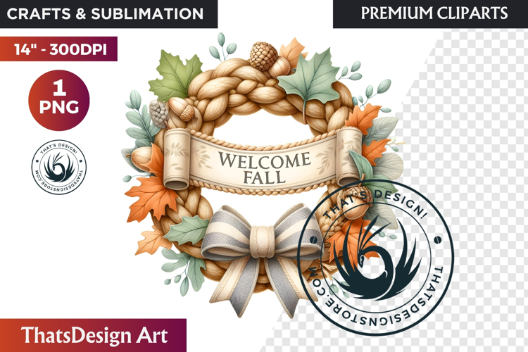 Cozy Autumn Wreath - Boho Farmhouse Fall Clipart PNG