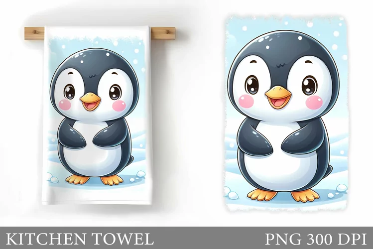 Cute Penguin Kitchen Towel. Christmas Kitchen Towel Design