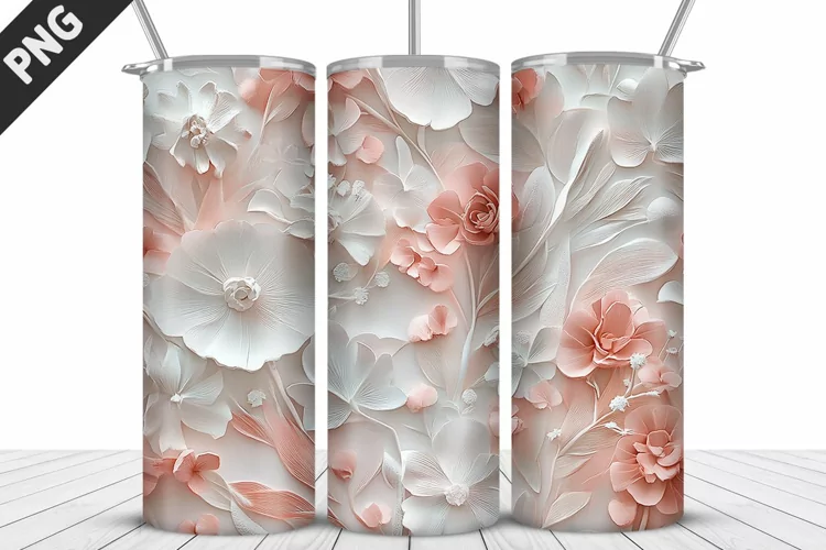 3D White Flowers Tumbler Wrap | Sublimation Design | Tumbler