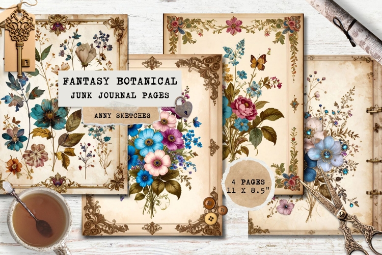 4 Fantasy Vintage Botanical Journal Pages Printable