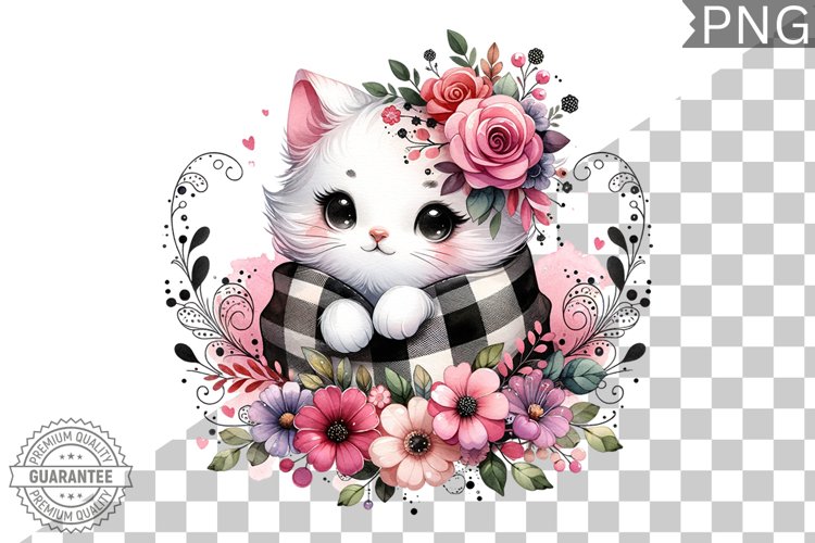 Cat With Flowers Sublimation - Clipart PNG Design