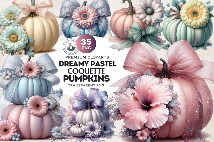 Floral Dreamy Pastel coquette pumpkins with bow PNG Cliparts