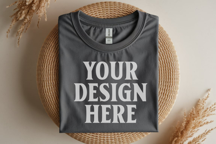 Gildan 64000 Black Folded T-Shirt Mockup | Flat Lay Unisex