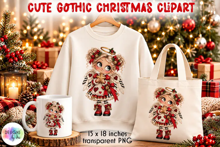 Gothic Christmas Angel Girl with Star PNG