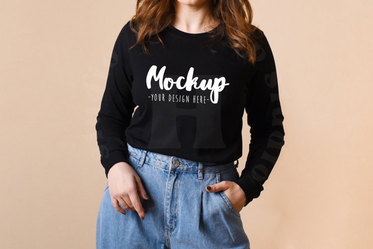3501 Bella Canvas Black Long Sleeve Mockup | Model Mockup