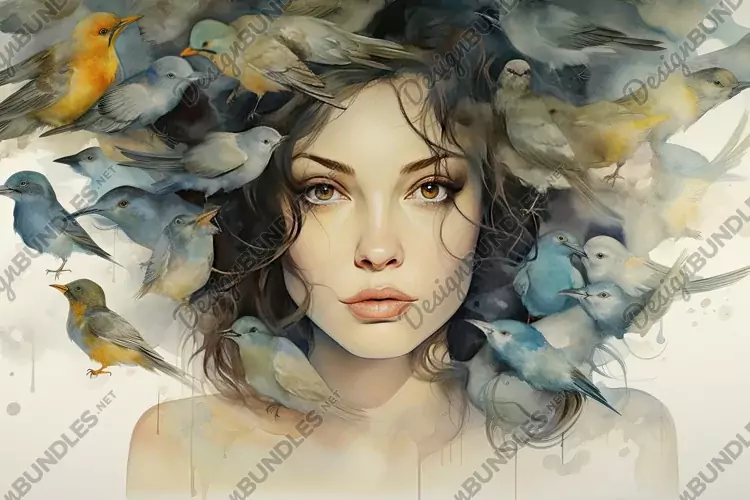 Girl Face on Birds Background Wallpaper