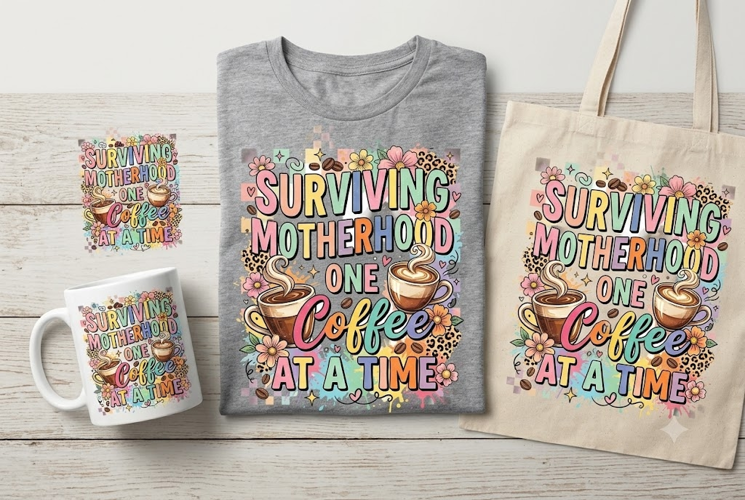 Surviving Motherhood One Coffee at a Time PNG | Mom Shirt