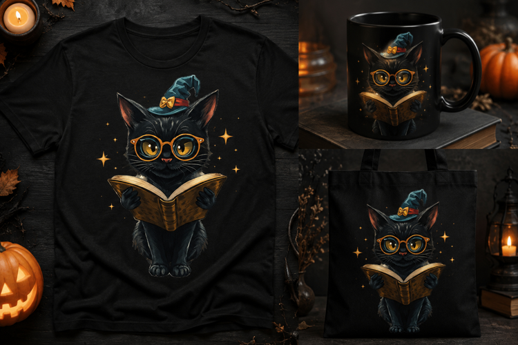 Black Cat Reading Book PNG | Cute Halloween Witch Clipart