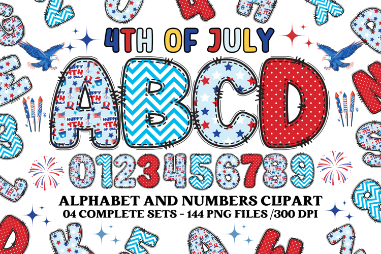 4th July Alphabet png clipart, independence letters doodle