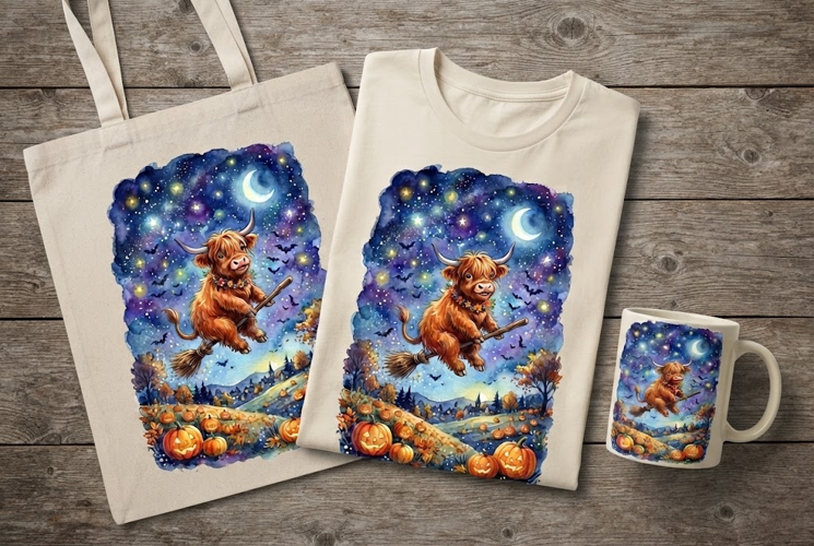 Highland Cow Flying Broomstick Halloween Watercolor Art