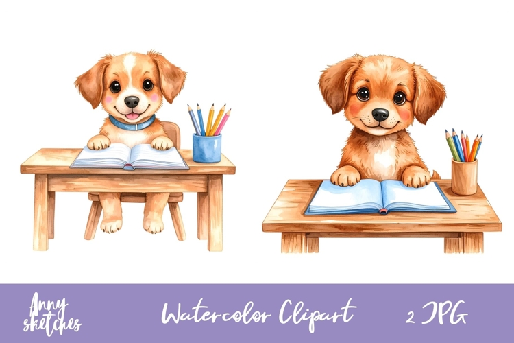 Studying Puppies at Desk Back to School Clipart JPG