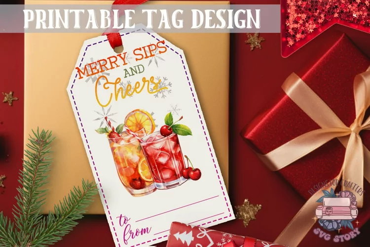 Watercolor Christmas Gift Tag Cheers Cocktail Ornaments PNG
