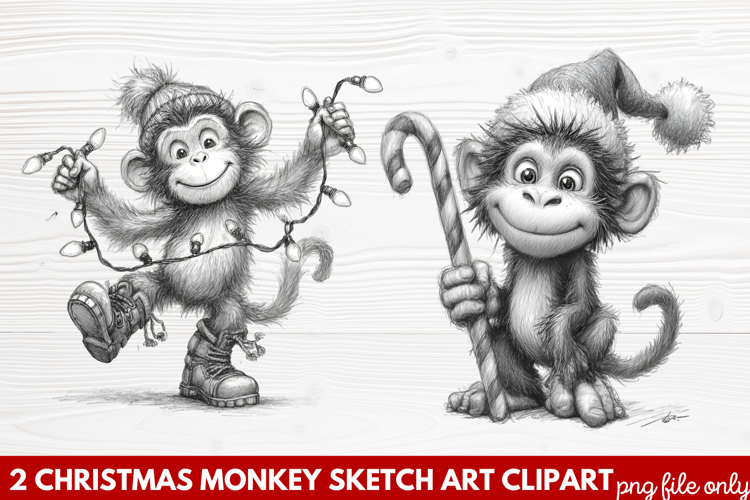 Christmas Monkey Sketch Art Clipart | Hand-Drawn Holiday