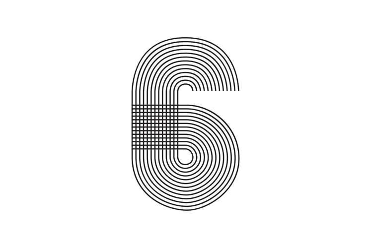 Geometric Number six 6 Line Art in black thin striped lines