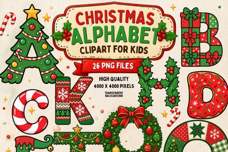 Christmas Alphabet PNG Bundle | 26 Holiday Letter Clipart