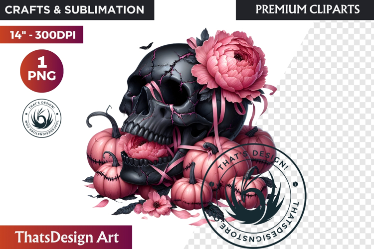 Pink and Black Gothic Halloween Skulls Clipart, pastel goth