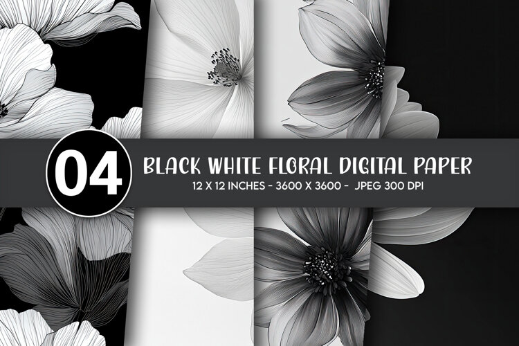 Black White Floral Digital Paper example image 1