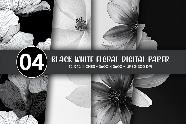 Black White Floral Digital Paper