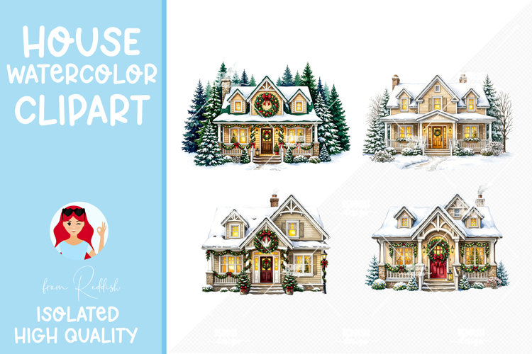 4 Cozy Watercolor House Clipart