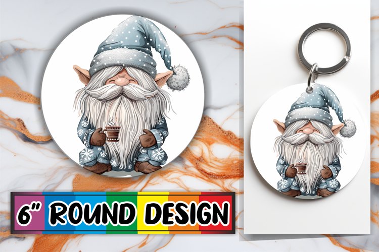 Festive Round Design Keychain Watercolor Gnome Sublimation