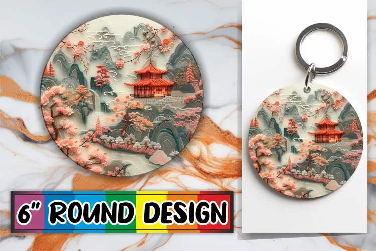 Spring View Embroidered Circle Kaychain Sublimation Design