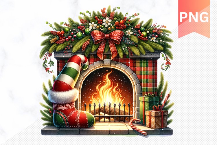 Christmas Fireplace- Clipart PNG Design