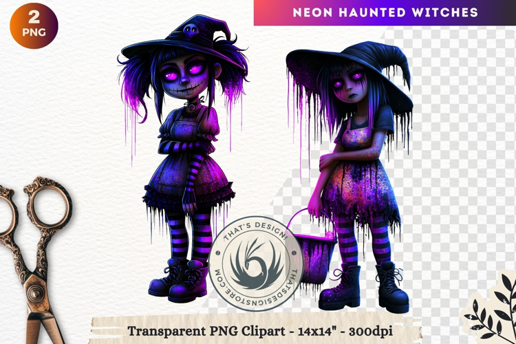 Neon Haunted Witches Clipart, Spooky Kawaii Halloween PNG