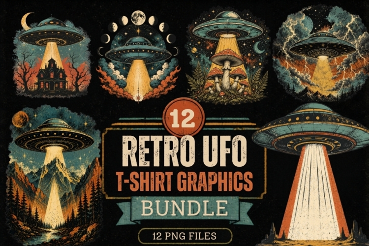 Retro UFO T-Shirt Graphics Bundle | Alien Spaceship PNG