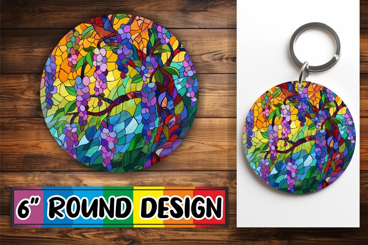 Colorful Stained Glass Tree Keychain Sublimation Round Desig example image 1