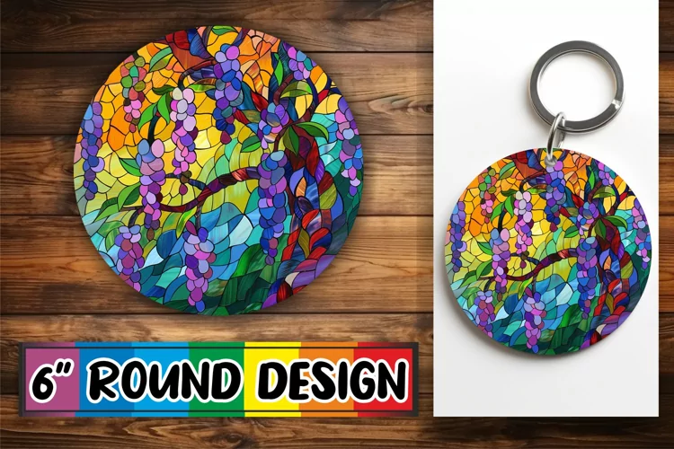 Colorful Stained Glass Tree Keychain Sublimation Round Desig