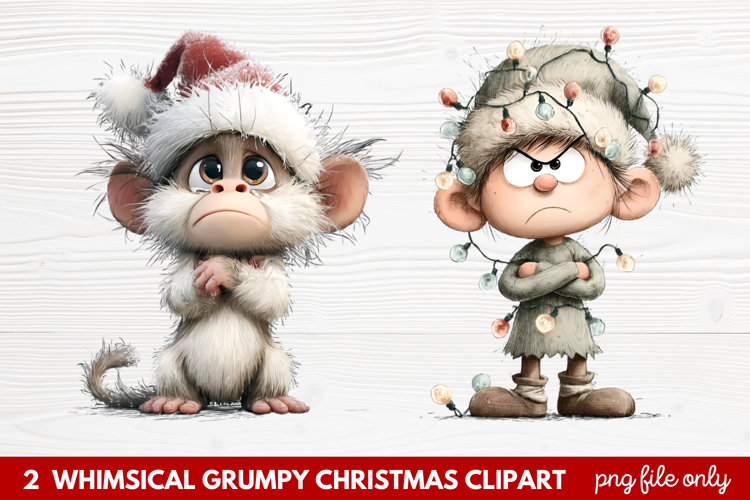 2 Whimsical Grumpy Christmas Clipart | Funny Grumpy Holiday