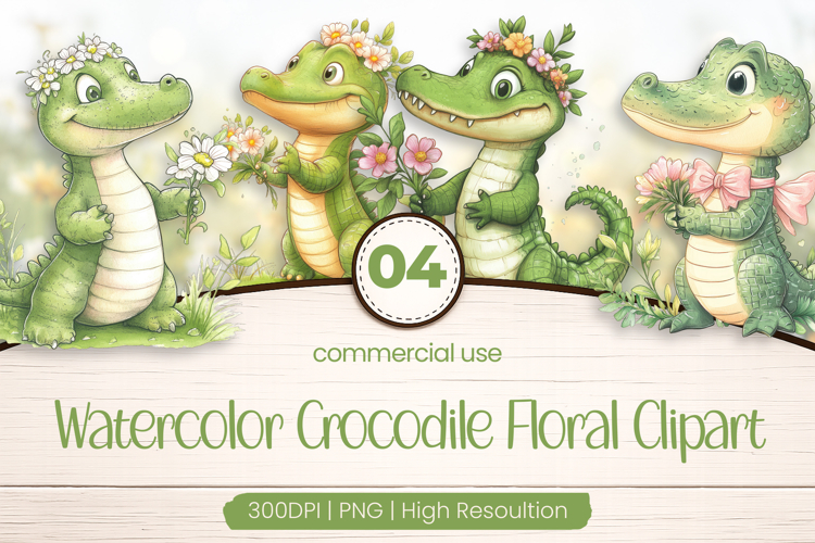 Watercolor Crocodile Floral Clipart PNG