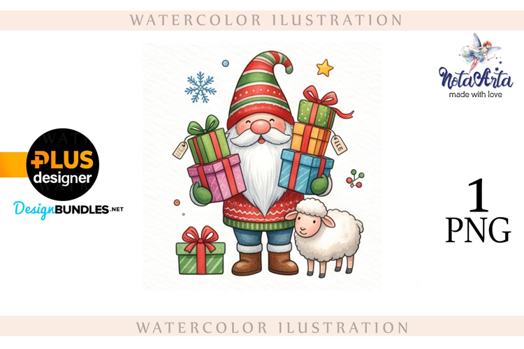 Christmas Gnome Santa with a Sheep in Watercolor Style