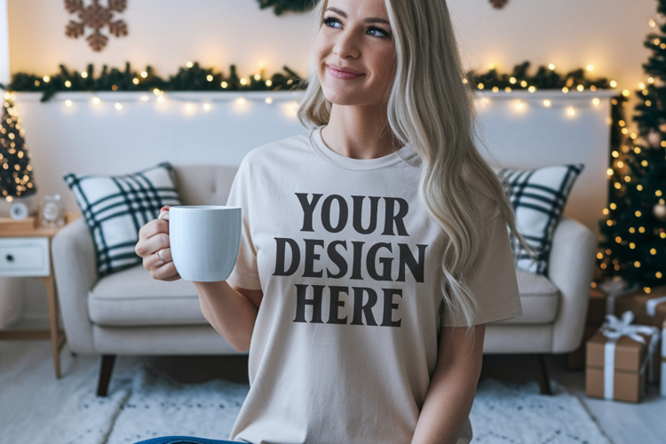 Comfort Colors 1717 Ivory Christmas T-Shirt Mockup, Boho