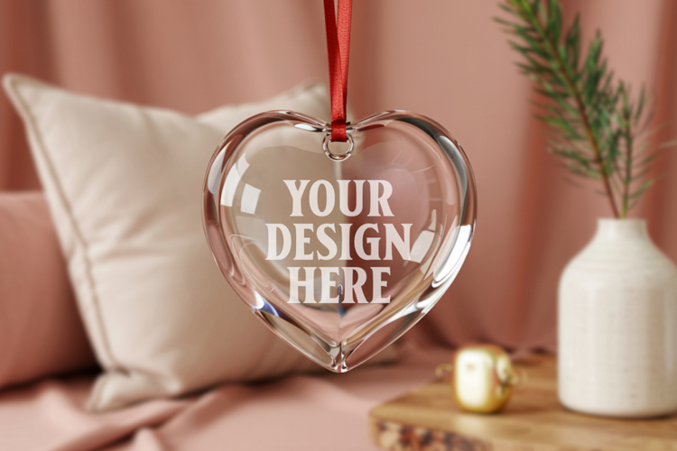 Christmas Heart Crystal Glass Ornament Mockup | Clear Heart