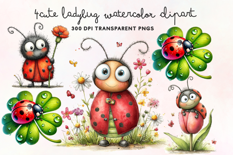 Cute Ladybug Watercolor Clipart PNG
