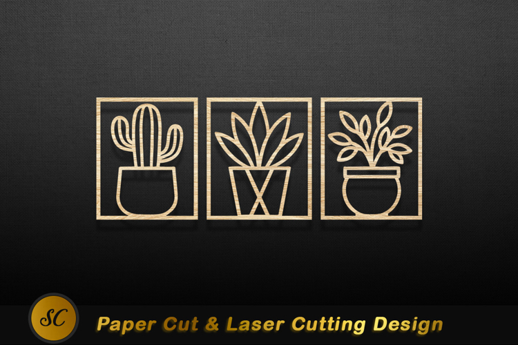 Potted plant outlines wood art plants decorative Laser cut