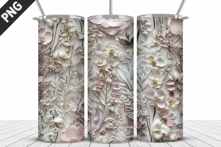 3D White Flowers Tumbler Wrap | Sublimation Design | Tumbler